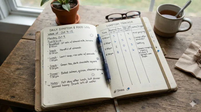 An open notebook with a daily symptom and food log for tracking IBS symptoms
