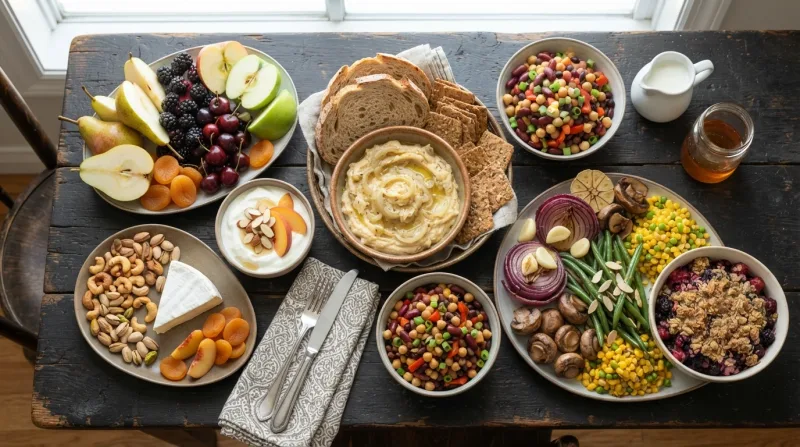 A spread of high-FODMAP foods including bread, legumes, chickpeas, dairy, and fruit