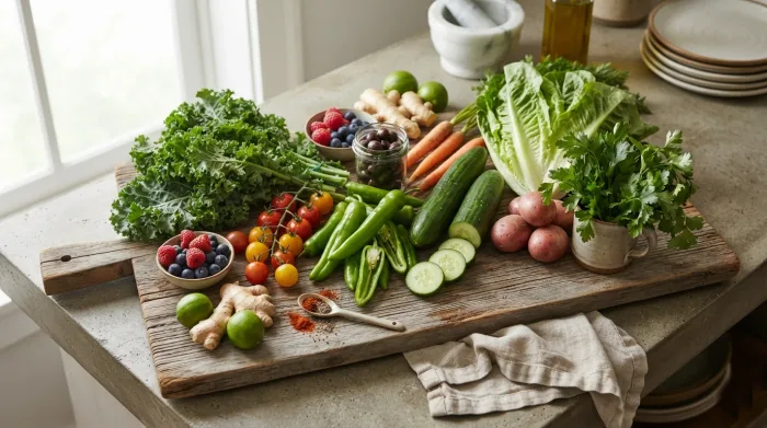Fresh low-FODMAP vegetables arranged on a wooden board, including leafy greens, cucumber, tomatoes, carrots, and berries