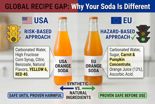Comparing a US soda bottle that uses Yellow 6 and Red 40 against an identical UK/EU version that uses Carrot and Pumpkin Concentrate. FDA vs EFSA Banned Ingredients